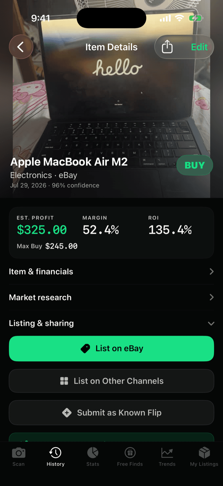 Item details — saved listing with profit, margin, ROI, and list-on-eBay actions