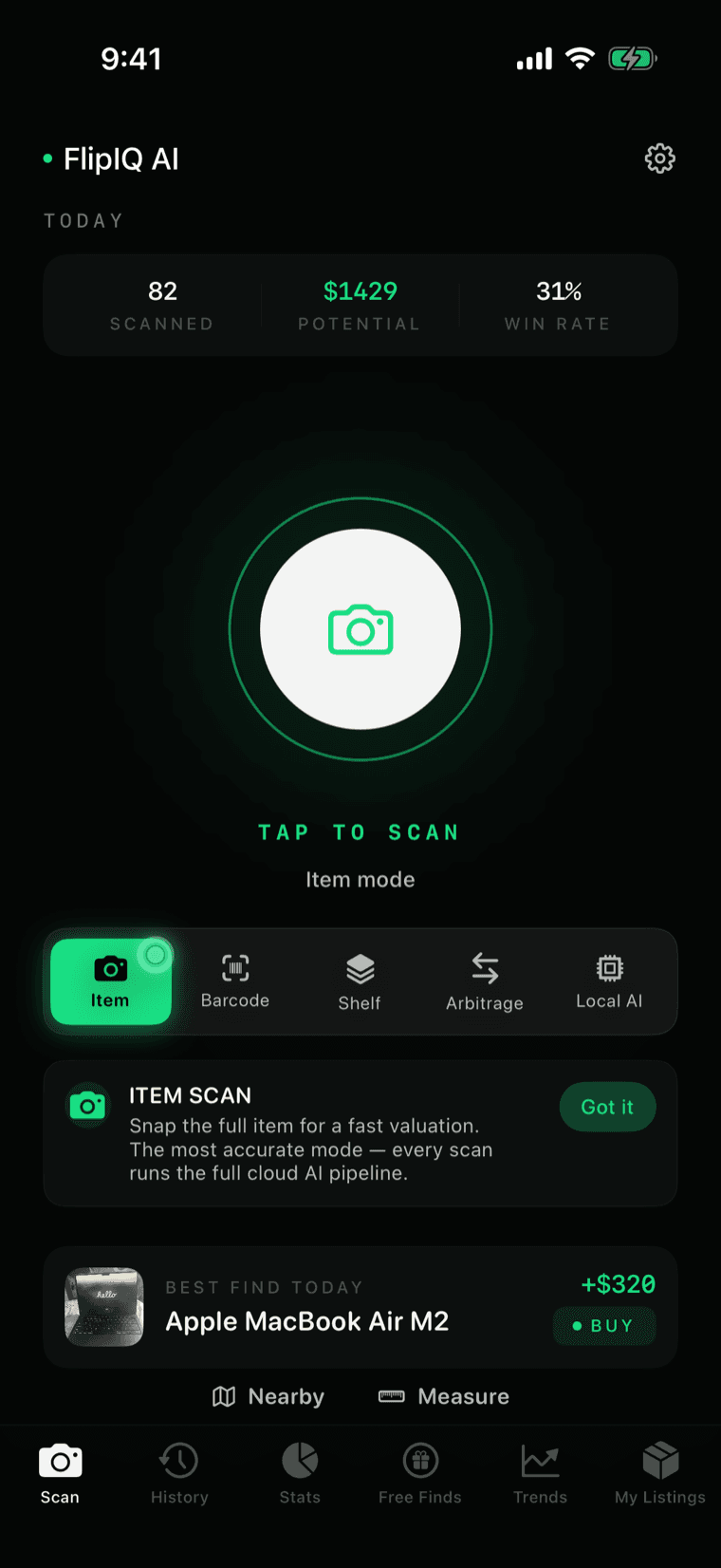 FlipIQ scan screen — tap to scan with today's totals and best find