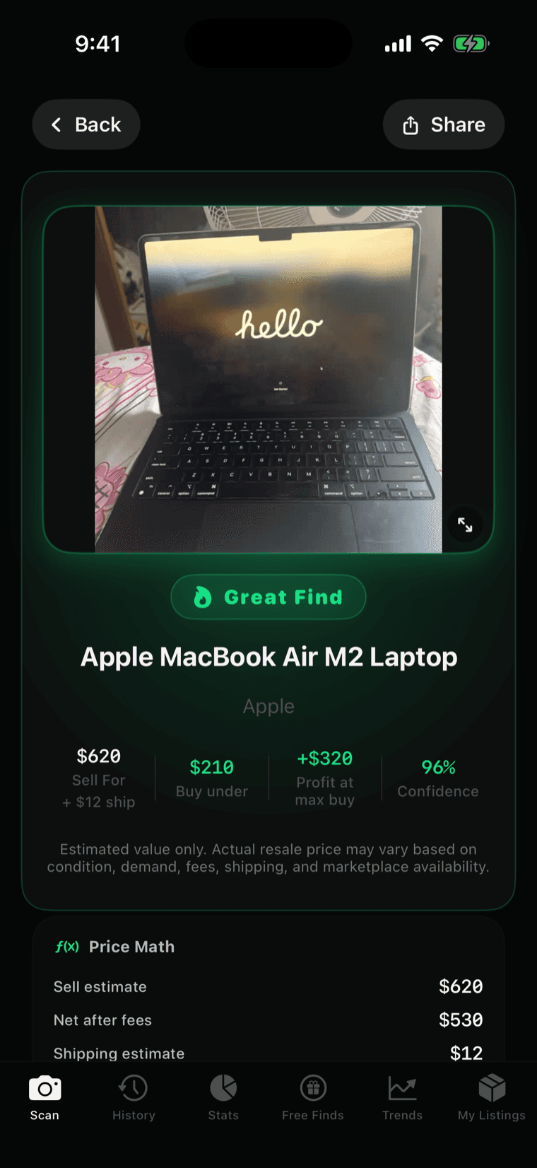 FlipIQ scan result — Great Find verdict on an Apple MacBook Air M2 with sell price, buy-under ceiling, profit, and confidence